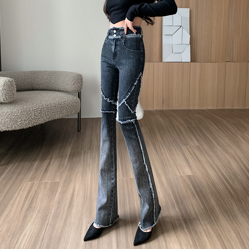 Denim Retro Burrs Patchwork bell-bottomed pants Women High Waist Fashion Long Flare Jeans